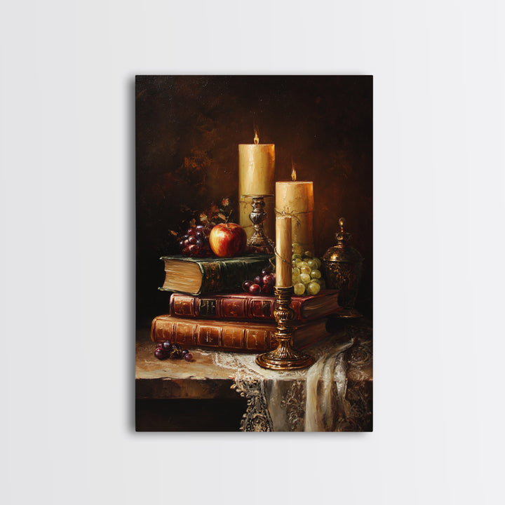 Still Life of Books Candle and Fruit Framed Canvas Print, Traditional Art, Watercolor Art, Living Room Decor, Fine Art, Classic, TRA-2x3-28