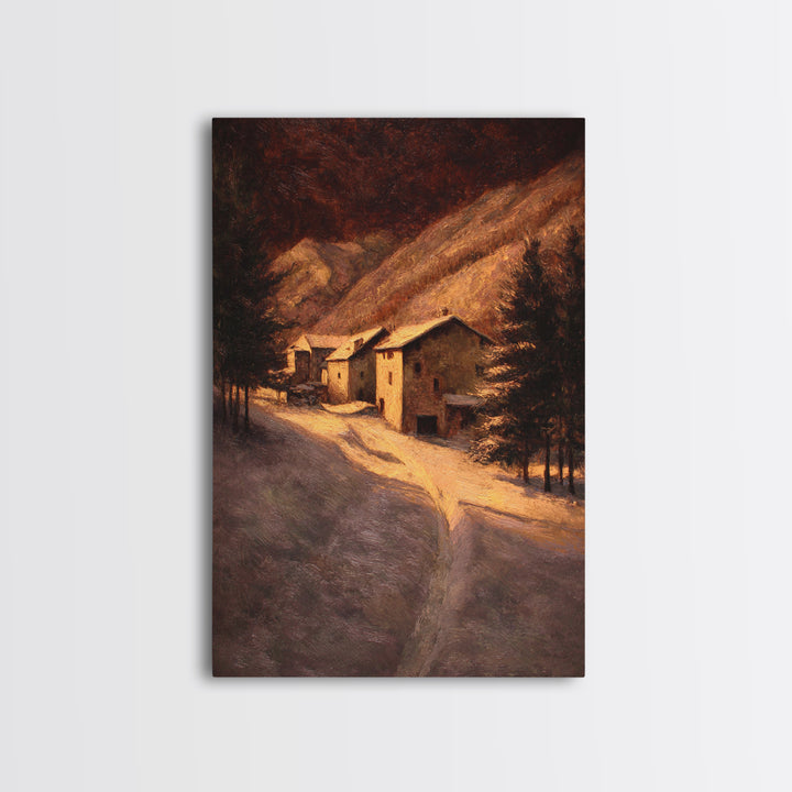 Snowy Village Landscape at Twilight Framed Canvas Print, Traditional Art, Room Decor, Living Room Decor, Fine Art, Classic, TRA-2x3-3