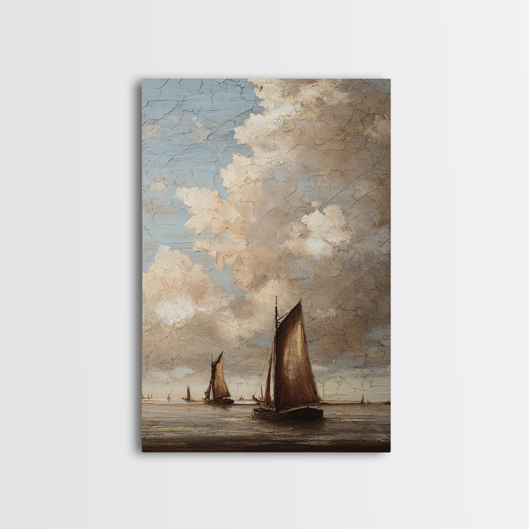 Seascape with Sailboats and Cloudy Sky Framed Canvas Print, Traditional Art, Boho, Living Room Decor, Fine Art, Classic, TRA-2x3-37