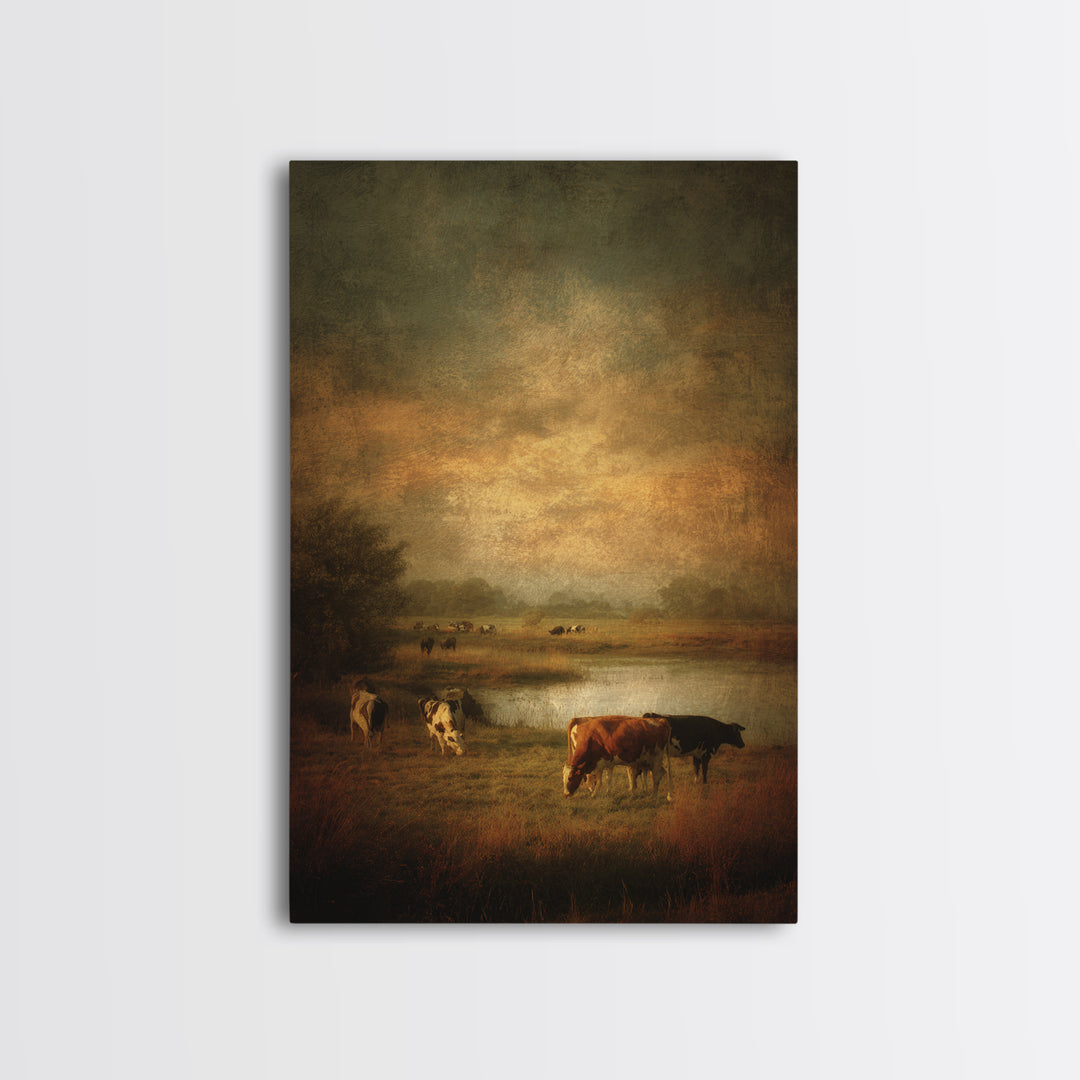 Pastoral Countryside with Cows in Field Canvas Print, Traditional Art, Art Commission, Living Room Decor, Fine Art, Classic, TRA-2x3-39