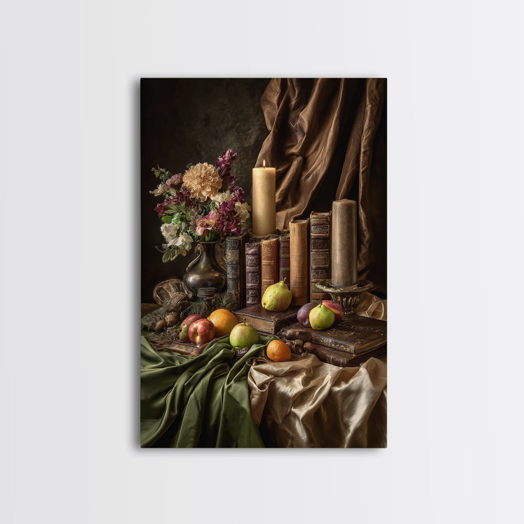 Still Life of Books Candle and Fruit Framed Canvas Print, Traditional Art, Contemporary Art, Living Room Decor, Classic, TRA-2x3-4