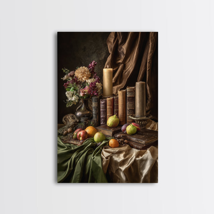 Still Life of Books Candle and Fruit Framed Canvas Print, Traditional Art, Contemporary Art, Living Room Decor, Classic, TRA-2x3-4