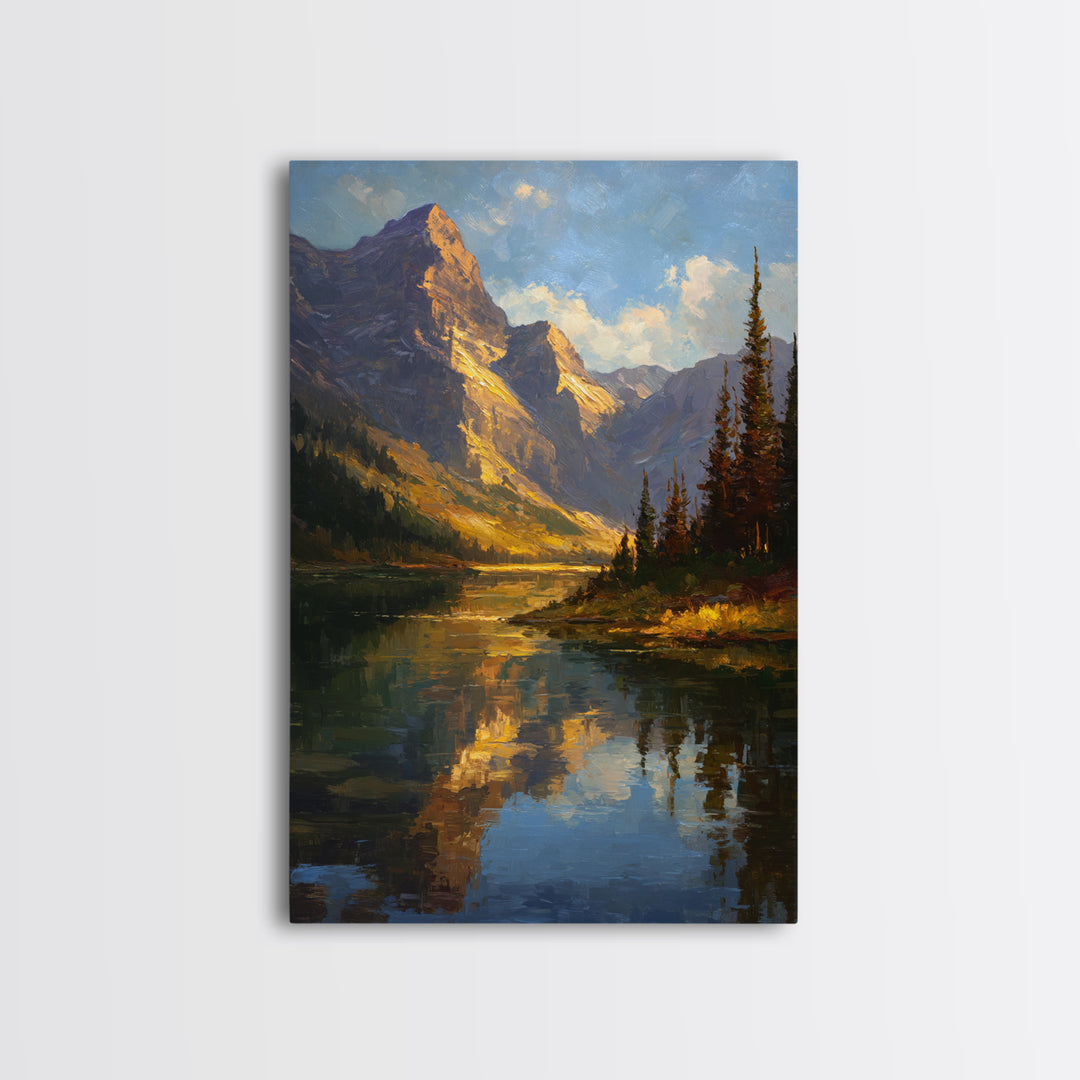 Mountain Lake with Pine Forest Reflection Framed Canvas Print, Traditional Art, Wall Hanging, Living Room Decor, Classic, TRA-2x3-41