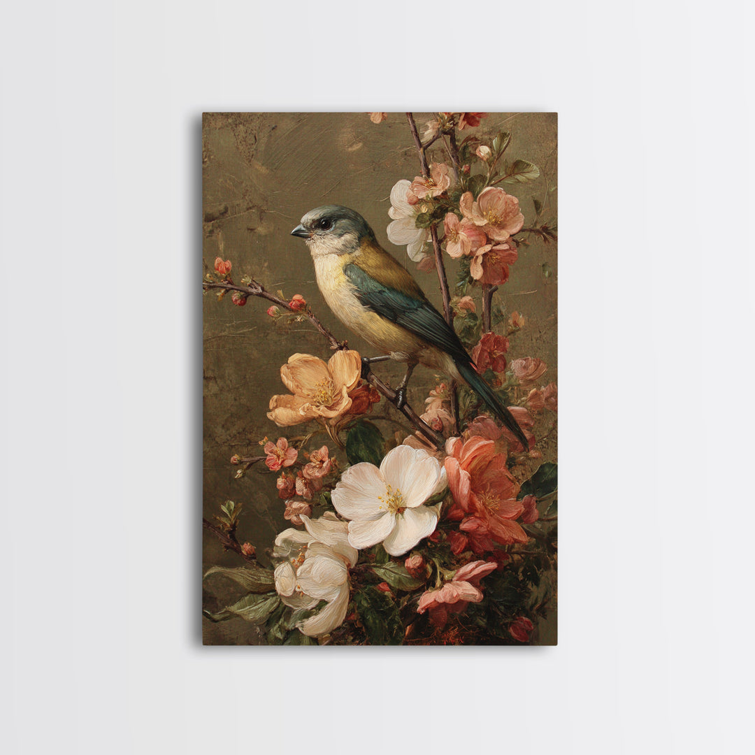 Bird Study on a Flowering Branch Framed Canvas Print, Traditional Art, Home Decor, Living Room Decor, Fine Art, Classic, TRA-2x3-42
