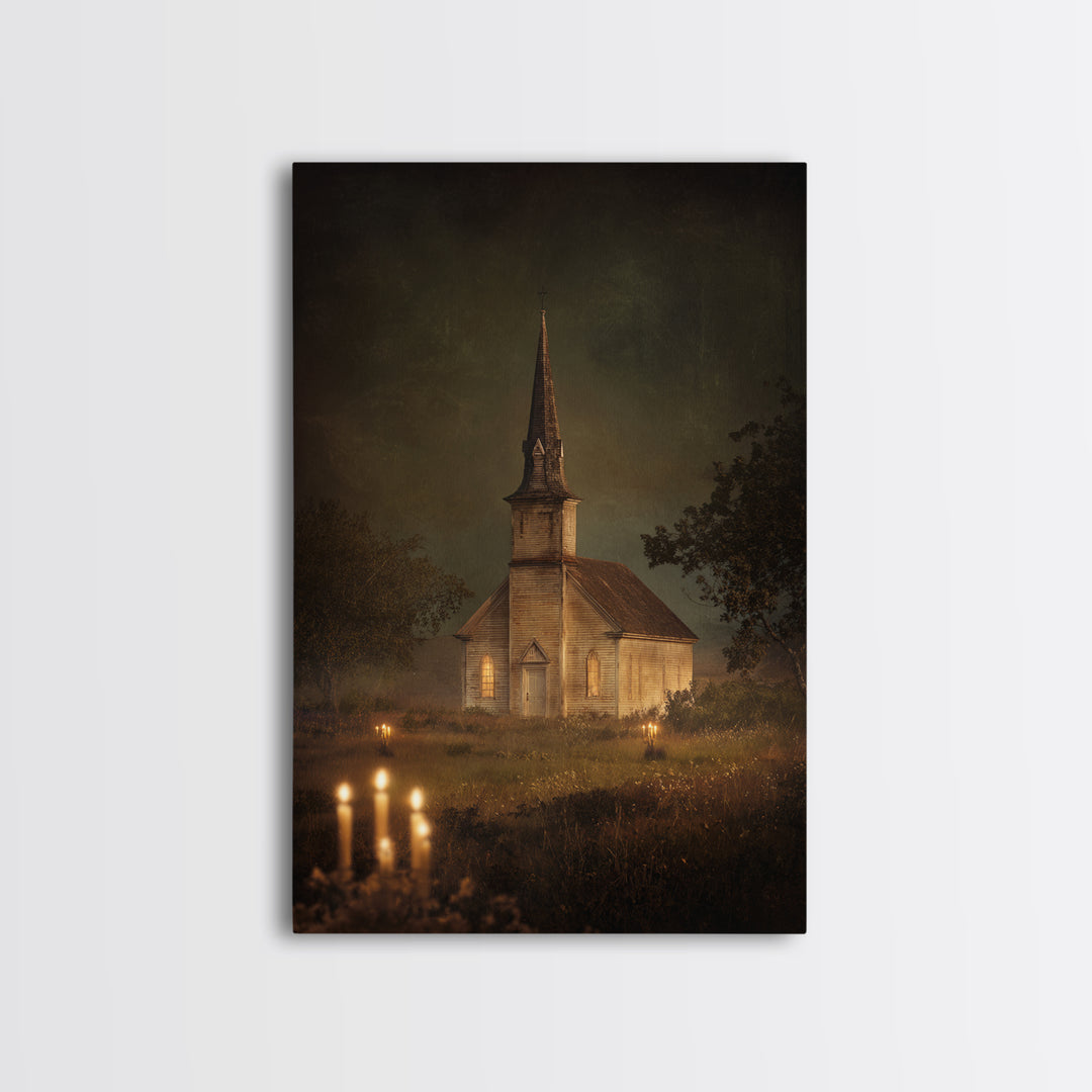Church Steeple Across Rural Meadow Canvas Print, Traditional Art, Artwork, Living Room Decor, Oil Painting, Classic, TRA-2x3-45