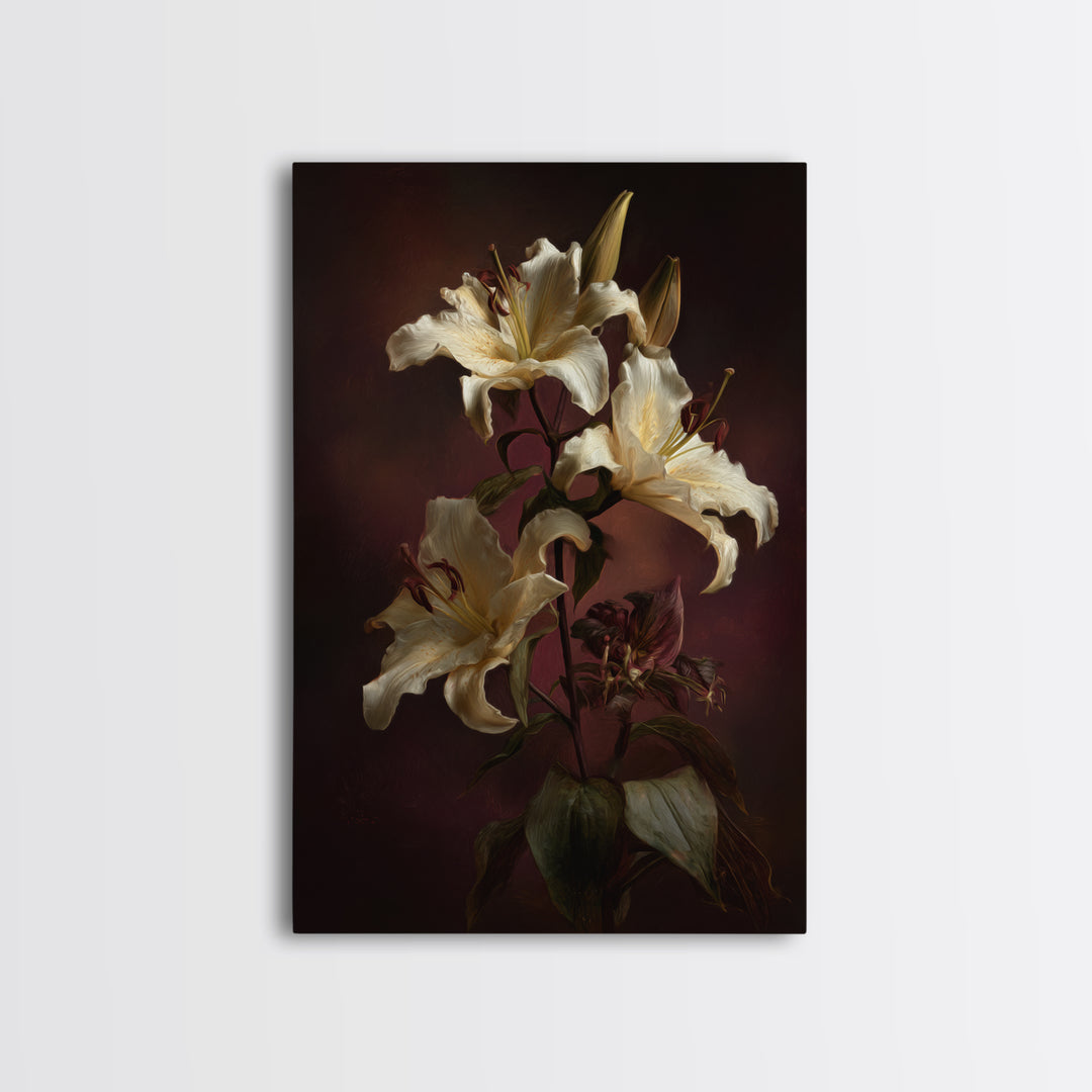 White Lilies on Dark Background Framed Canvas Print, Traditional Art, Wall Hanging, Living Room Decor, Abstract Art, Classic, TRA-2x3-47
