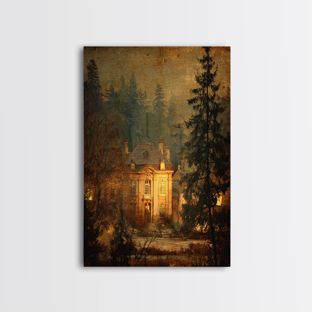 Snowy Village Landscape at Twilight Framed Canvas Print, Traditional Art, Art Print, Living Room Decor, Fine Art, Classic, TRA-2x3-51