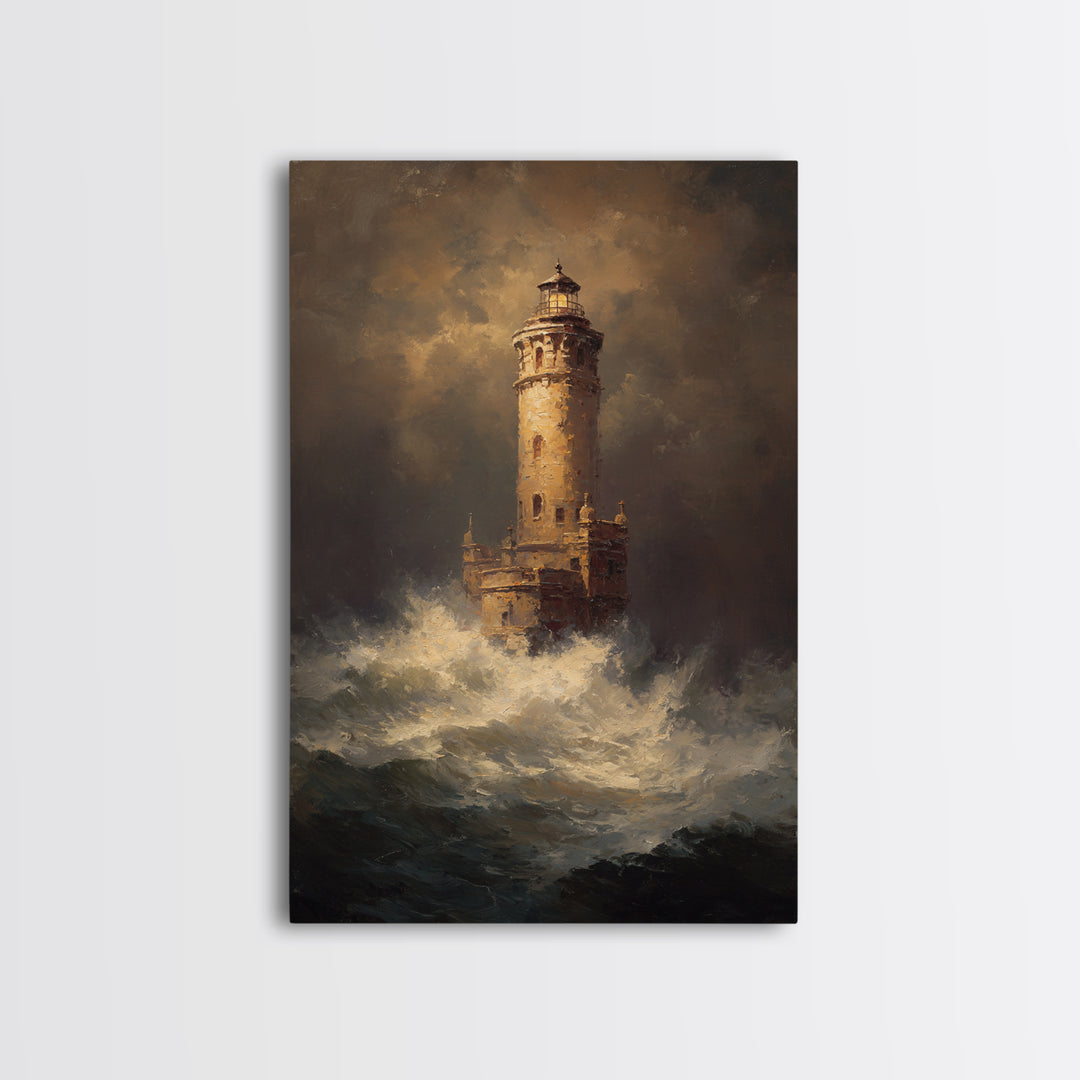 Lighthouse with Crashing Waves Framed Canvas Print, Traditional Art, Digital Print, Living Room Decor, Oil Painting, Classic, TRA-2x3-53