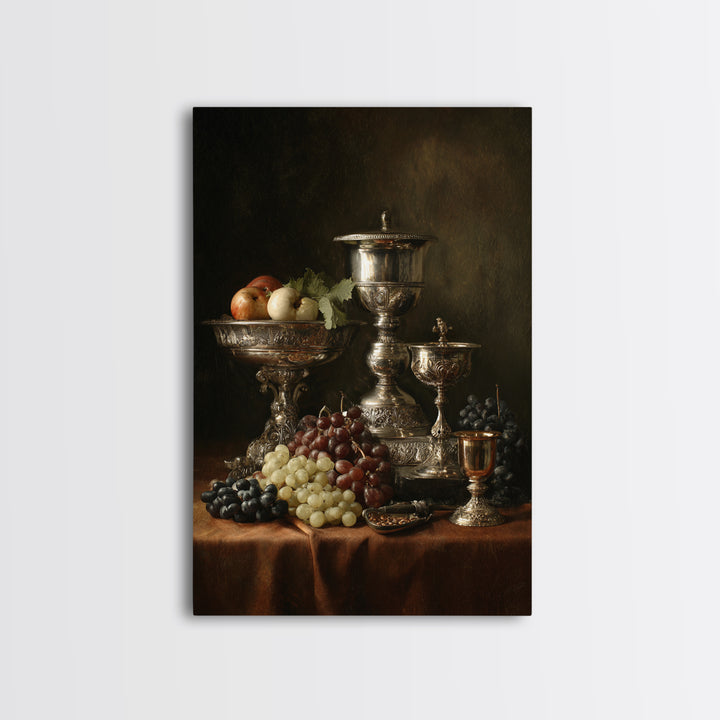 Dutch Fruit and Silver Goblet Still Life Framed Canvas Print, Traditional Art, Art Commission, Living Room Decor, Classic, TRA-2x3-60