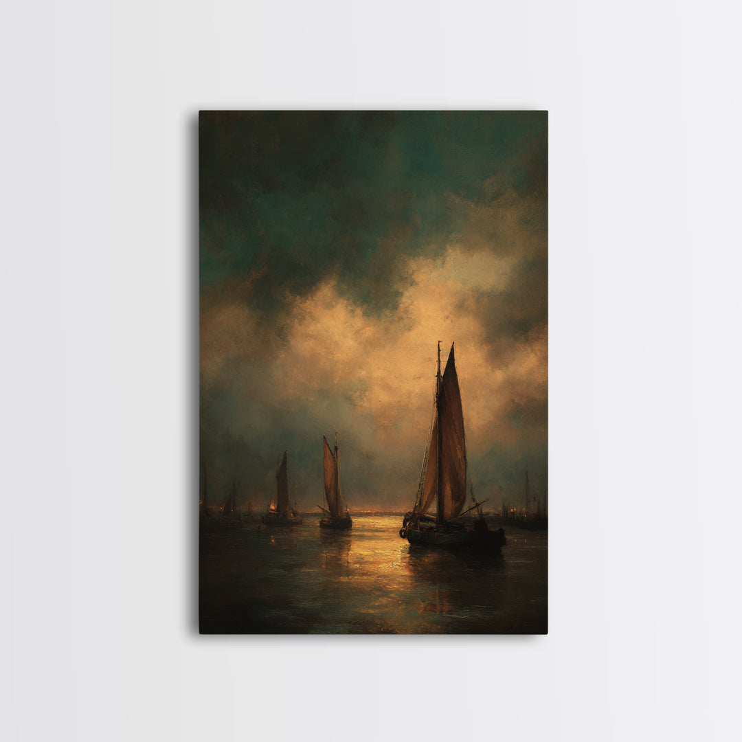 Seascape with Sailboats and Cloudy Sky Canvas Print, Traditional Art, Living Room Decor, Fine Art, Classic, Dark Art, TRA-2x3-61
