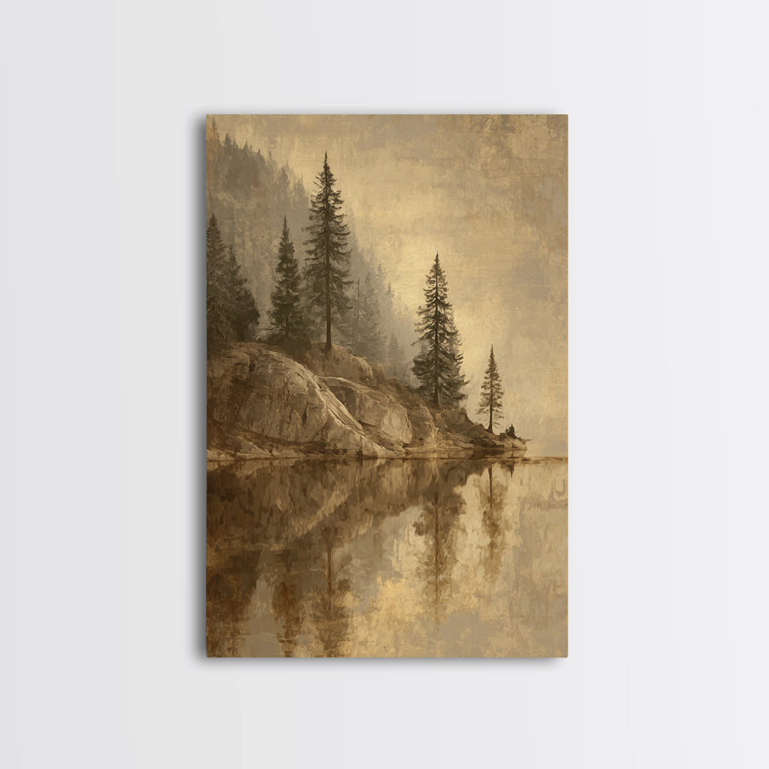 Mountain Lake with Pine Forest Reflection Canvas Print, Traditional Art, Art Commissions, Living Room Decor, Oil Painting, TRA-2x3-65