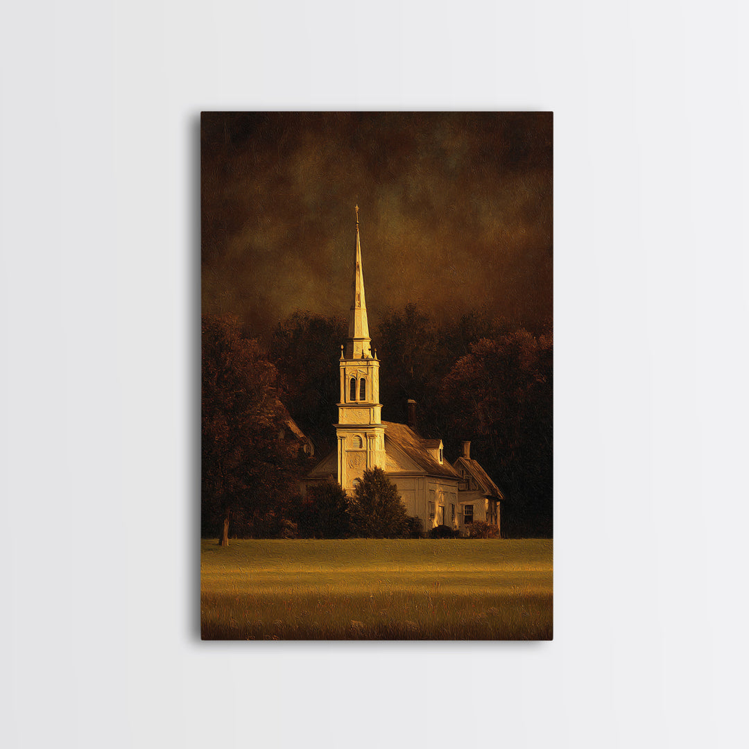 Church Steeple Across Rural Meadow Framed Canvas Print, Traditional Art, Japanese Art, Living Room Decor, Fine Art, Classic, TRA-2x3-69