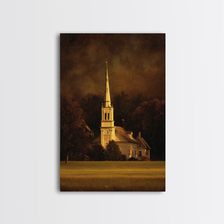 Church Steeple Across Rural Meadow Framed Canvas Print, Traditional Art, Japanese Art, Living Room Decor, Fine Art, Classic, TRA-2x3-69