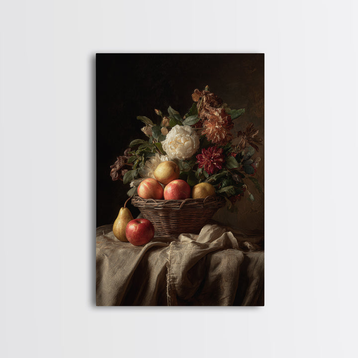 Basket of Apples and Pears on Linen Framed Canvas Print, Traditional Art, Canvas, Living Room Decor, Abstract Art, Classic, TRA-2x3-74