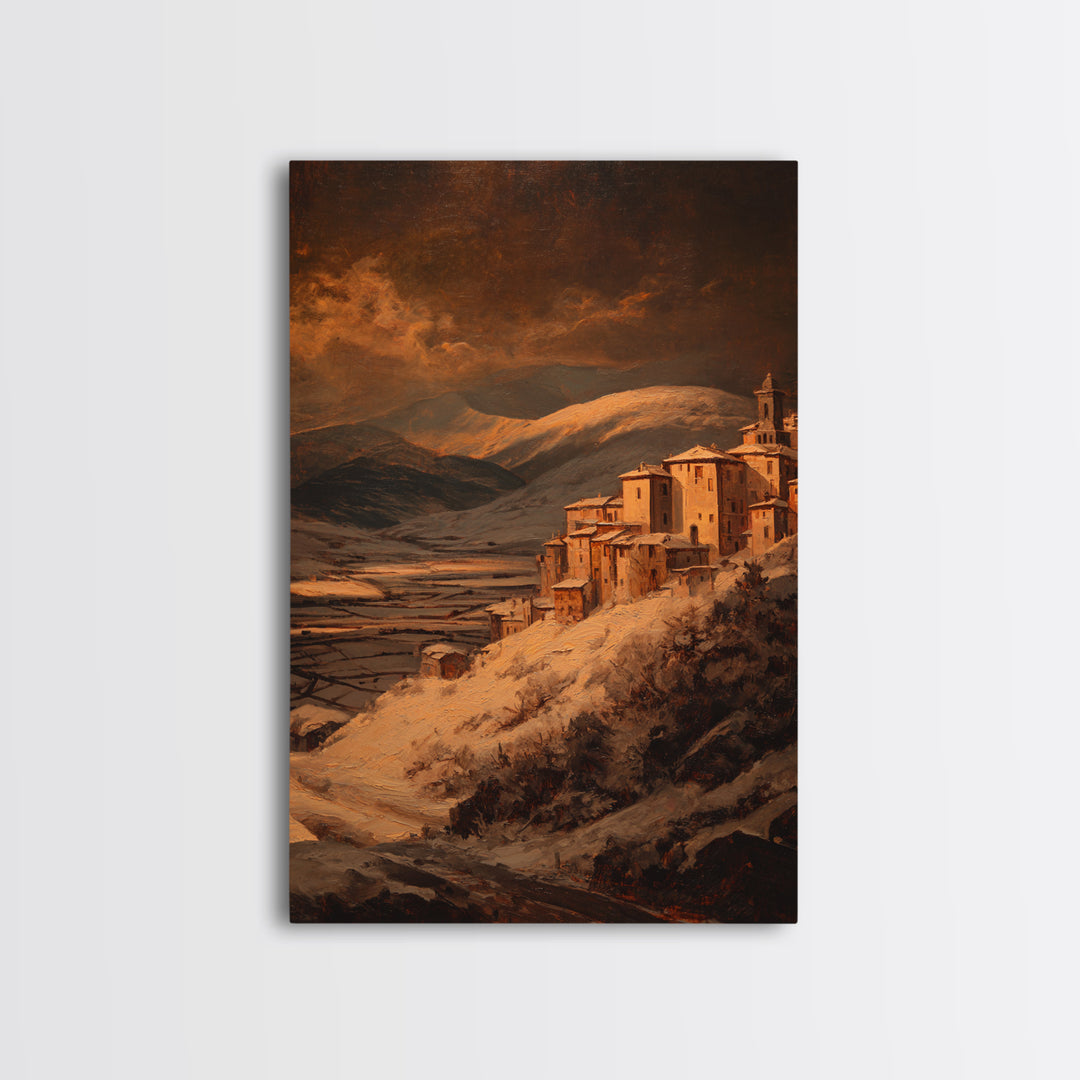 Snowy Village Landscape at Twilight Framed Canvas Print, Traditional Art, Japanese Art, Living Room Decor, Fine Art, Classic, TRA-2x3-75