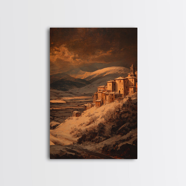 Snowy Village Landscape at Twilight Framed Canvas Print, Traditional Art, Japanese Art, Living Room Decor, Fine Art, Classic, TRA-2x3-75