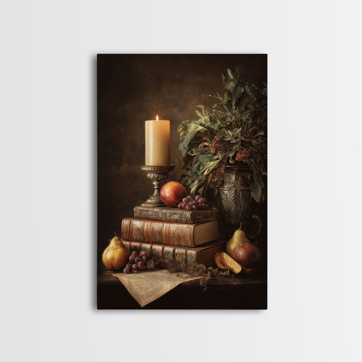 Still Life of Books Candle and Fruit Framed Canvas Print, Traditional Art, Indian Decor, Living Room Decor, Fine Art, Classic, TRA-2x3-76