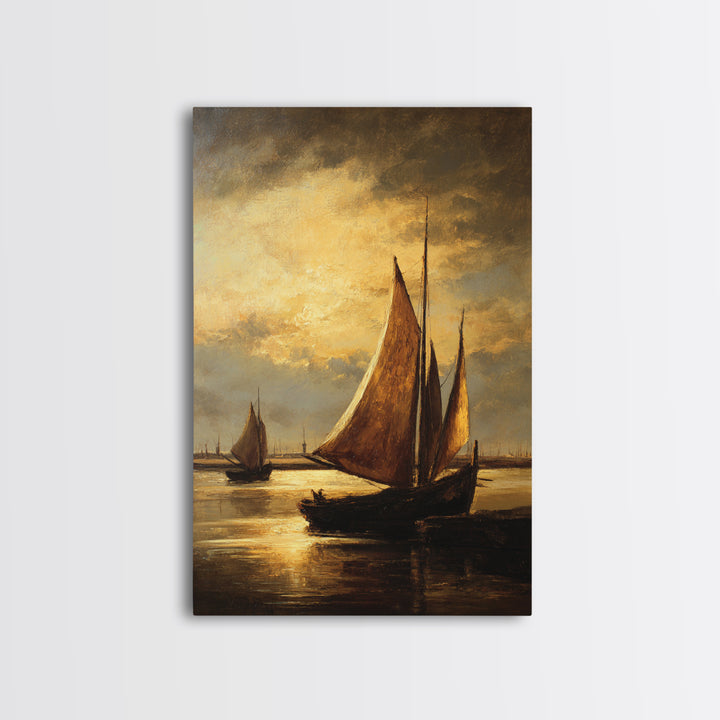 Seascape with Sailboats and Cloudy Sky Framed Canvas Print, Traditional Art, Watercolor Art, Living Room Decor, Classic, TRA-2x3-85