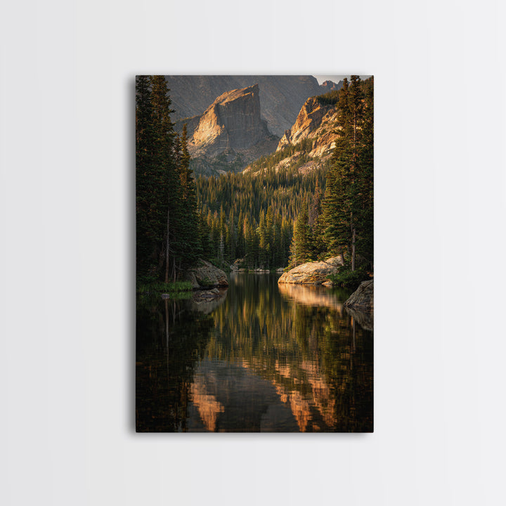 Mountain Lake with Pine Forest Reflection Framed Canvas Print, Traditional Art, Indian Wall Art, Living Room Decor, Classic, TRA-2x3-89