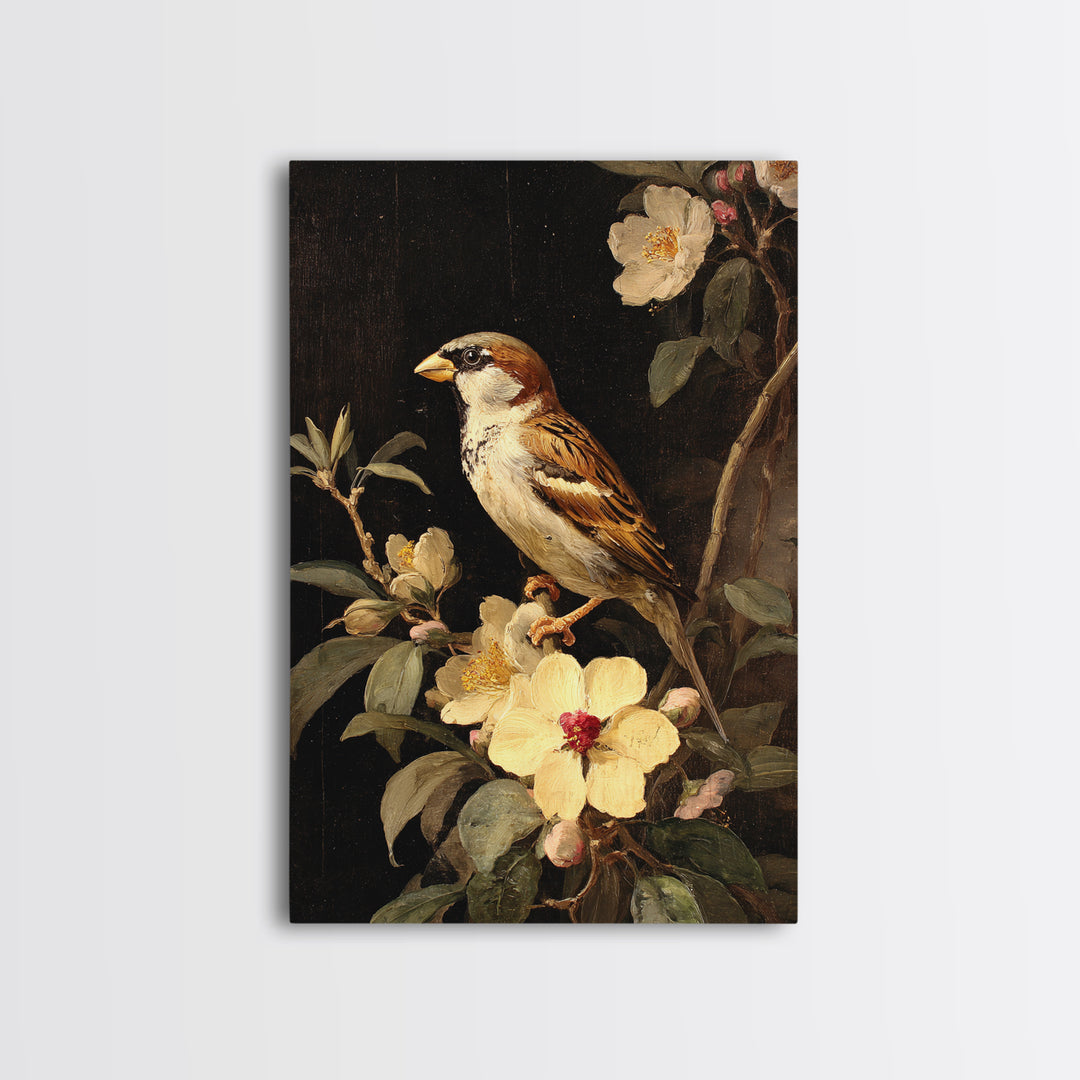 Bird Study on a Flowering Branch Framed Canvas Print, Traditional Art, Artwork, Living Room Decor, Oil Painting, Classic, TRA-2x3-90