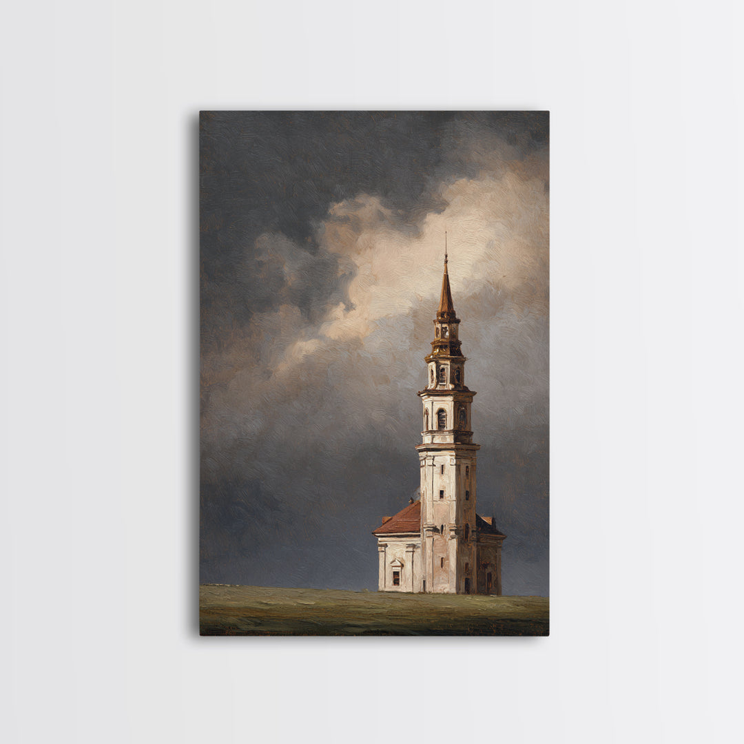 Church Steeple Across Rural Meadow Framed Canvas Print, Traditional Art, Japanese Art, Living Room Decor, Fine Art, Classic, TRA-2x3-93