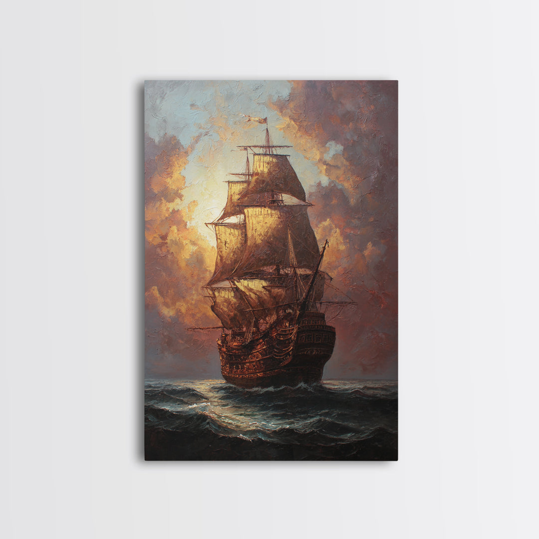 Ship at Sea Framed Canvas Print, Traditional Art, Original Art, Living Room Decor, Fine Art, Classic, Landscape, Indian Art, TRA-2x3-94