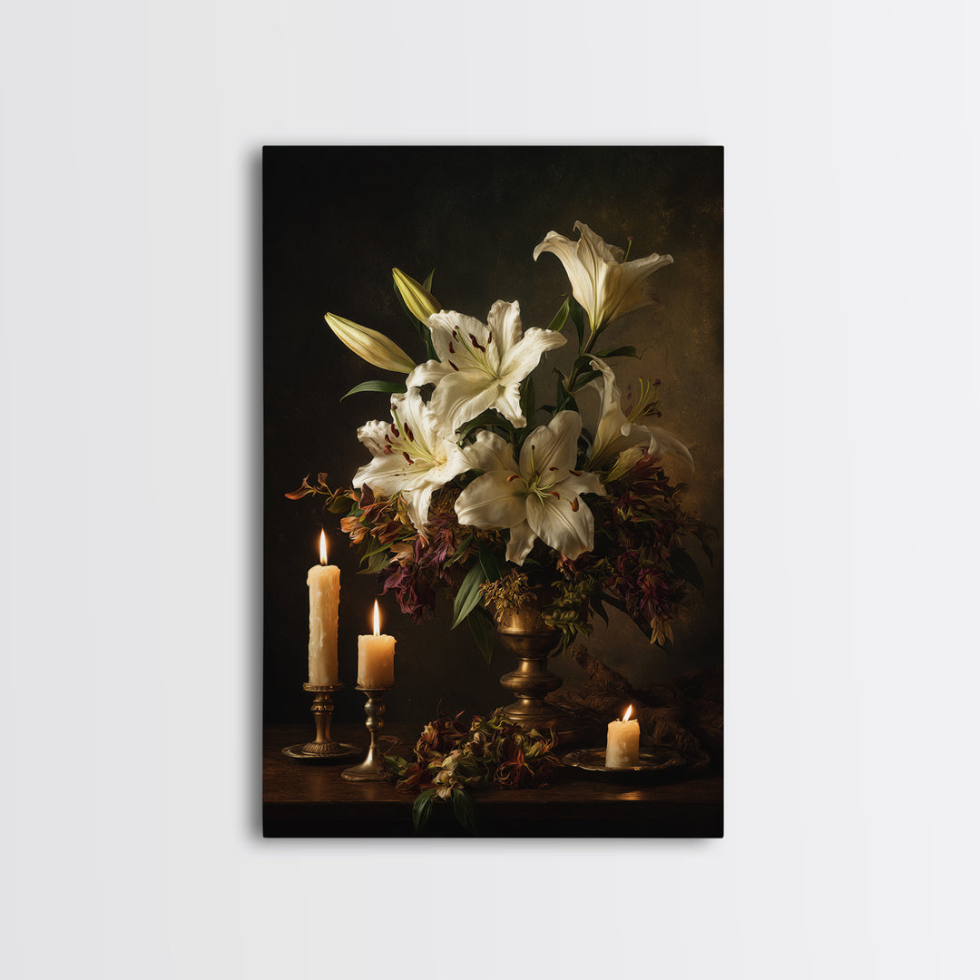 White Lilies on Dark Background Canvas Print, Traditional Art, Dark Art, Living Room Decor, Oil Painting, Classic, TRA-2x3-95