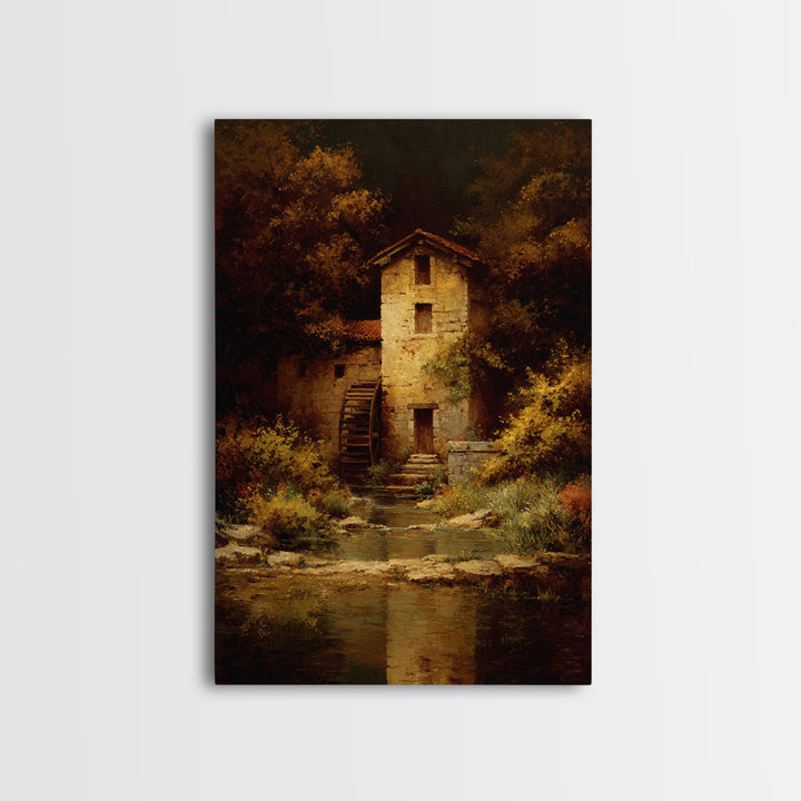 Watermill Beside a Quiet Stream Framed Canvas Print, Traditional Art, Canvas Print, Living Room Decor, Fine Art, Classic, TRA-2x3-97