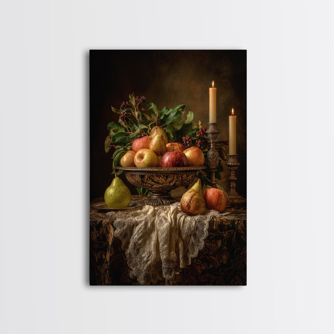 Basket of Apples and Pears on Linen Framed Canvas Print, Traditional Art, Canvas, Living Room Decor, Abstract Art, Classic, TRA-2x3-98