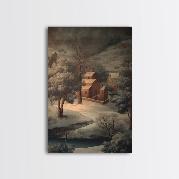 Snowy Village Landscape at Twilight Canvas Print, Traditional Art, Japanese Decor, Living Room Decor, Fine Art, Classic, TRA-2x3-99