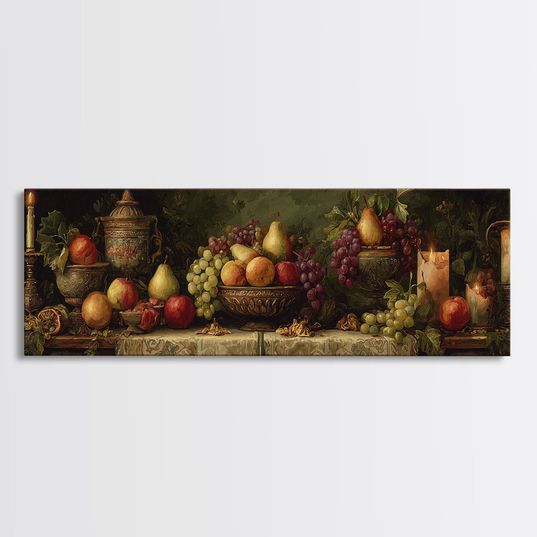 Basket of Apples and Pears on Linen Framed Canvas Print, Traditional Art, Decor, Living Room Decor, Abstract Art, Classic, TRA-3x1-10
