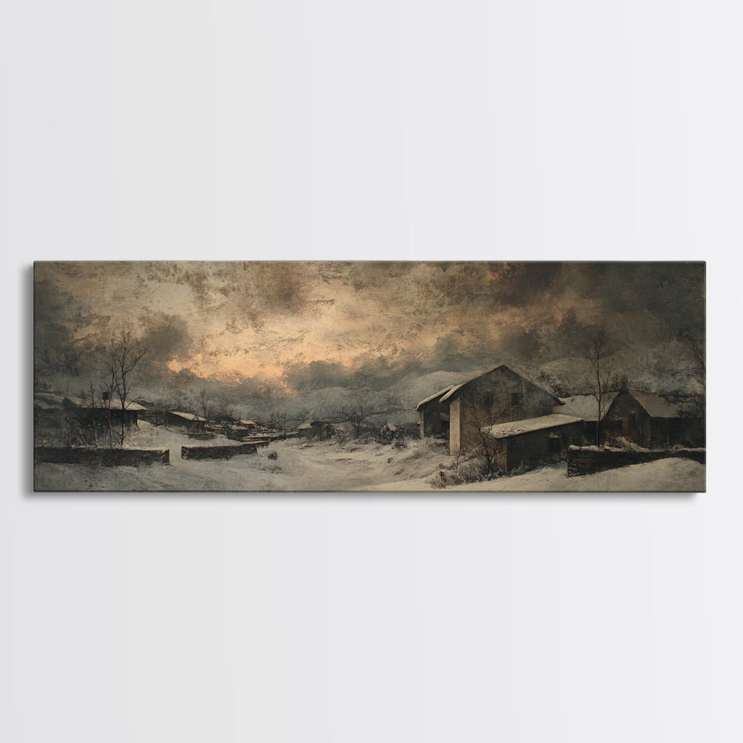 Snowy Village Landscape at Twilight Canvas Print, Traditional Art, Pokemon Poster, Living Room Decor, Watercolor Art, Classic, TRA-3x1-11