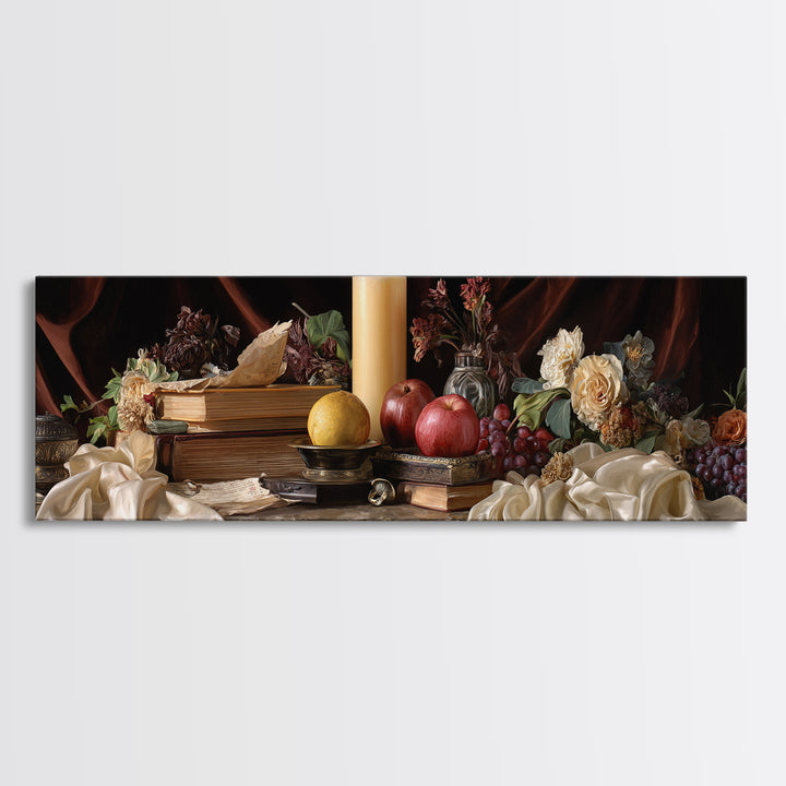 Still Life of Books Candle and Fruit Framed Canvas Print, Traditional Art, Indian Decor, Living Room Decor, Fine Art, Classic, TRA-3x1-12