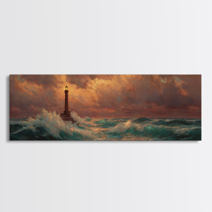 Lighthouse with Crashing Waves Canvas Print, Traditional Art, Art Commissions, Living Room Decor, Classic, Pokemon Poster, TRA-3x1-13