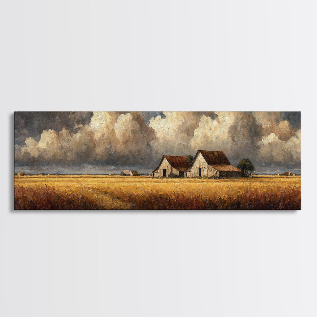 Barn and Farmland Framed Canvas Print, Traditional Art, Gallery Decor, Living Room Decor, Fine Art, Classic, Wall Art, TRA-3x1-15