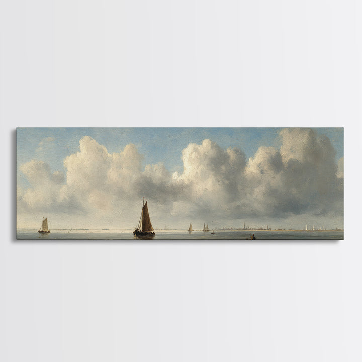 Seascape with Sailboats and Cloudy Sky Canvas Print, Traditional Art, Indian Decor, Living Room Decor, Fine Art, Classic, TRA-3x1-21