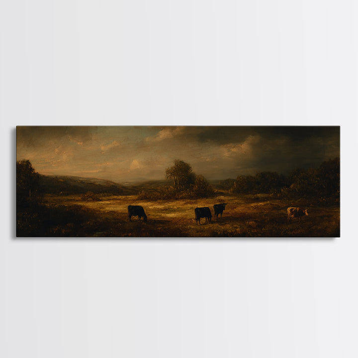 Pastoral Countryside with Cows in Field Framed Canvas Print, Traditional Art, Room Decor, Living Room Decor, Fine Art, Classic, TRA-3x1-23