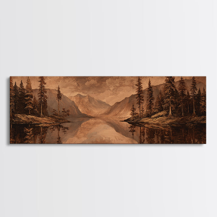 Mountain Lake with Pine Forest Reflection Canvas Print, Traditional Art, Landscape, Living Room Decor, Fine Art, Classic, TRA-3x1-25