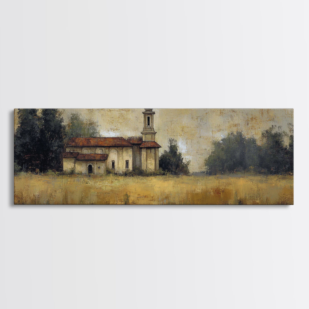 Church Steeple Across Rural Meadow Canvas Print, Traditional Art, Furry Art, Living Room Decor, Classic, Fine Art Print, TRA-3x1-29
