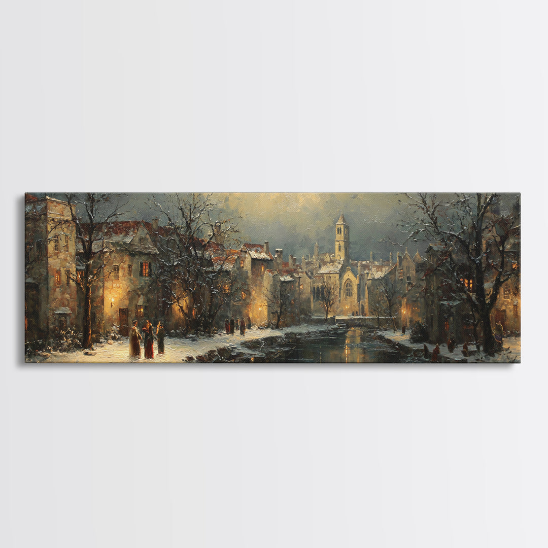 Snowy Village Landscape at Twilight Canvas Print, Traditional Art, Minimalist Decor, Living Room Decor, Oil Painting, Classic, TRA-3x1-35