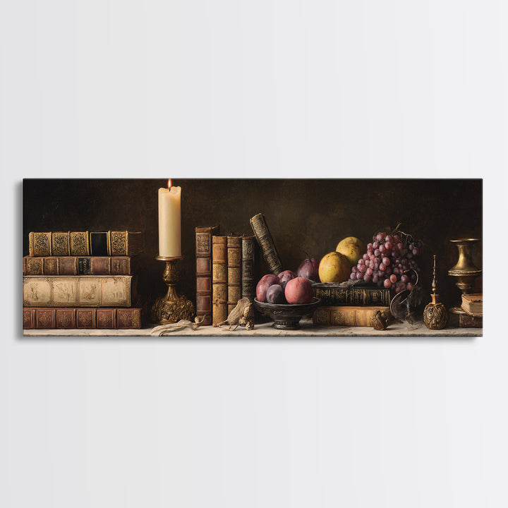 Still Life of Books Candle and Fruit Canvas Print, Traditional Art, Gallery Decor, Living Room Decor, Fine Art, Classic, TRA-3x1-36