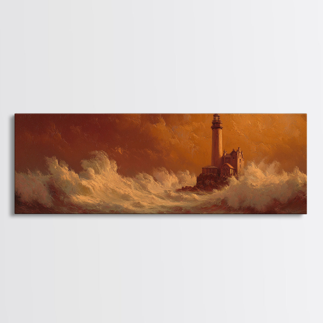 Lighthouse with Crashing Waves Framed Canvas Print, Traditional Art, Indian Wall Art, Living Room Decor, Watercolor Art, TRA-3x1-37
