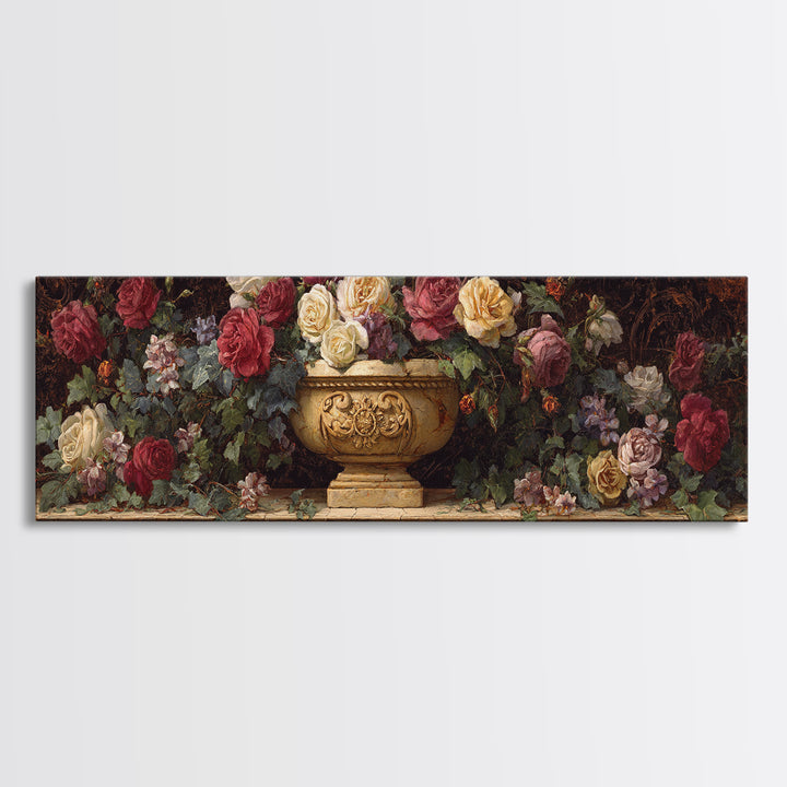 Garden Urn with Roses and Ivy Canvas Print, Traditional Art, Neutral Decor, Living Room Decor, Oil Painting, Classic, TRA-3x1-40