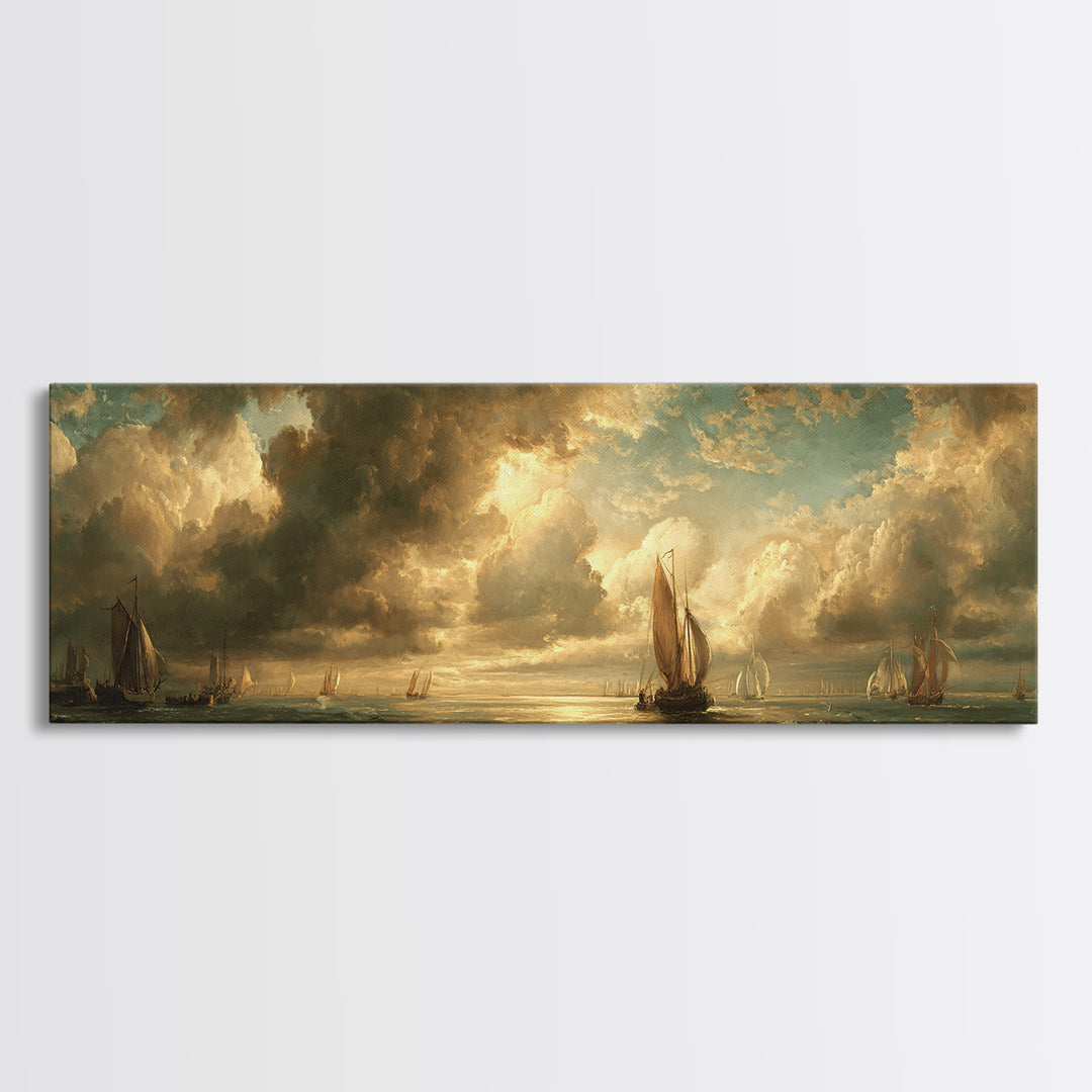 Seascape with Sailboats and Cloudy Sky Canvas Print, Traditional Art, Indian Decor, Living Room Decor, Fine Art, Classic, TRA-3x1-45