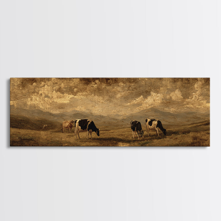 Pastoral Countryside with Cows in Field Framed Canvas Print, Traditional Art, Living Room Decor, Oil Painting, Classic, TRA-3x1-47