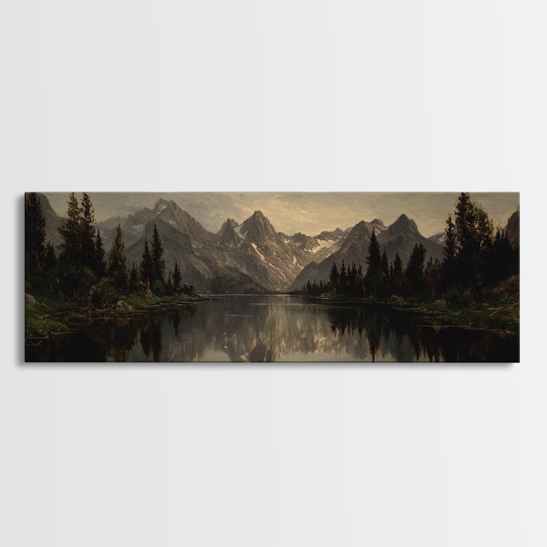 Mountain Lake with Pine Forest Reflection Canvas Print, Traditional Art, Landscape, Living Room Decor, Fine Art, Classic, TRA-3x1-49
