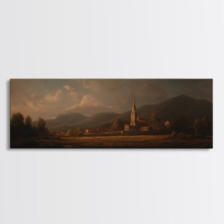 Church Steeple Across Rural Meadow Framed Canvas Print, Traditional Art, Printable Art, Living Room Decor, Watercolor Art, TRA-3x1-5