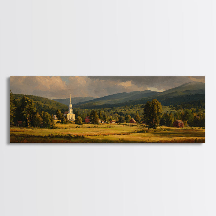 Church Steeple Across Rural Meadow Framed Canvas Print, Traditional Art, Indian Art, Living Room Decor, Oil Painting, Classic, TRA-3x1-53