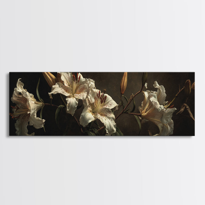 White Lilies on Dark Background Framed Canvas Print, Traditional Art, Art, Living Room Decor, Fine Art, Classic, Printable Art, TRA-3x1-55