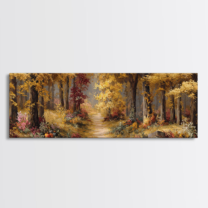 Autumn Forest Road Framed Canvas Print, Traditional Art, Minimalist Decor, Living Room Decor, Oil Painting, Classic, Boho, TRA-3x1-56